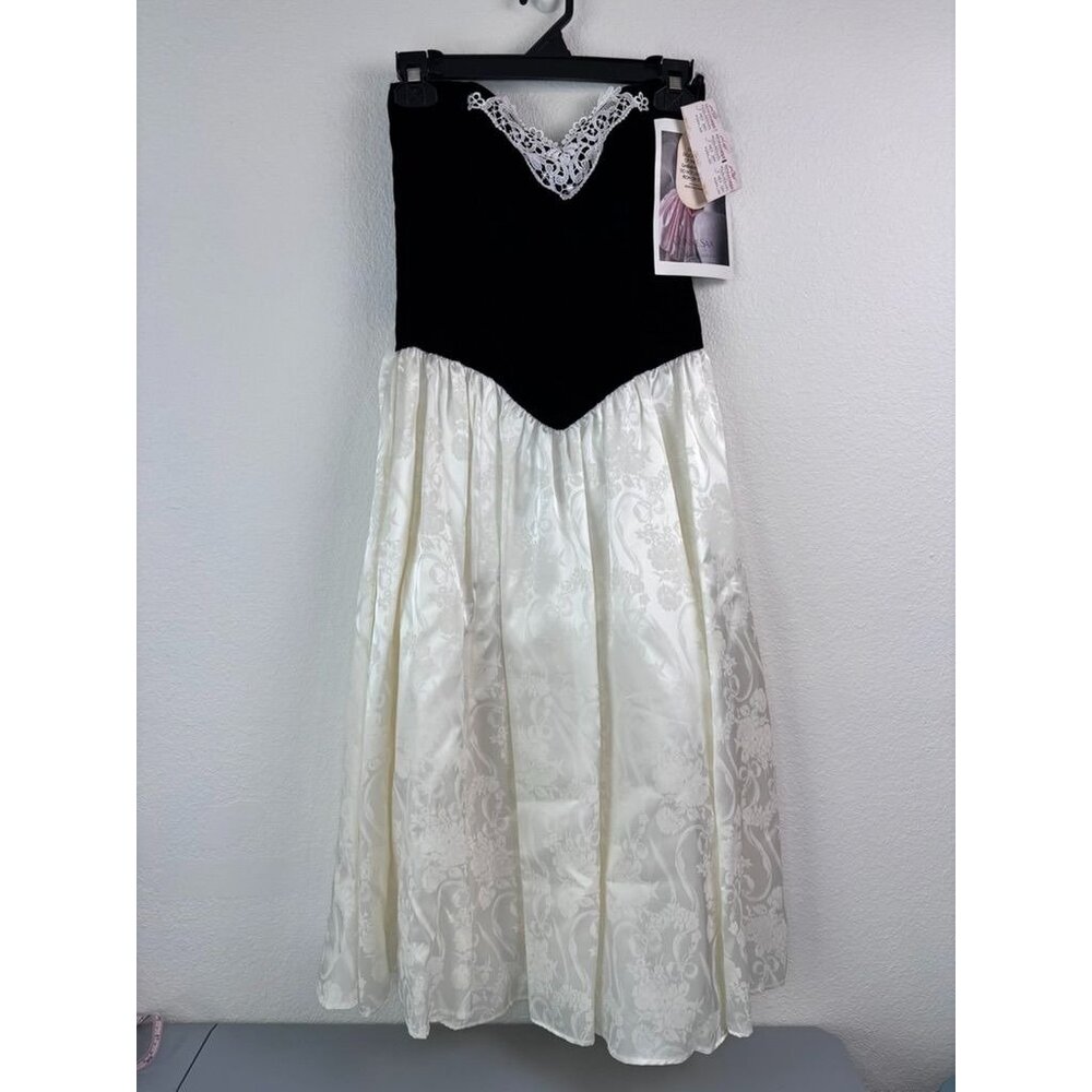 Gunne Sax Jessica McClintock vintage 7‎ strapless black velvet ivory satin dress